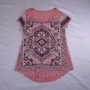 Lucky Brand Women’s Pink Aztec Floral Print Short Sleeve Top Size Small NWT